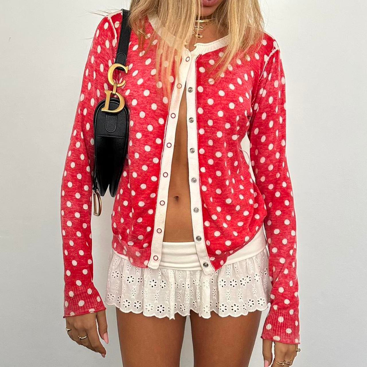 Vintage red polka dot long sleeve cardigan top