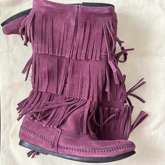 Vintage plum suede fringe leather boots