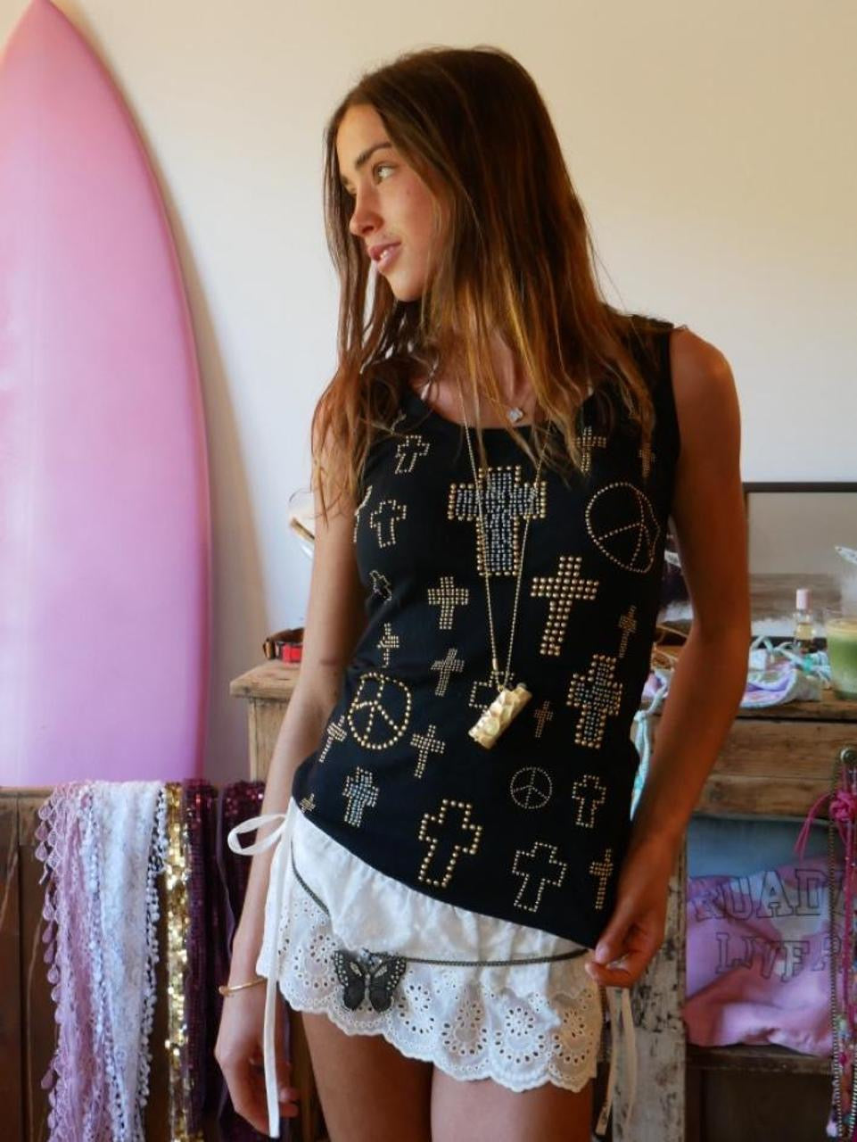 Vintage 00’s cross and peace signs studded black tank top