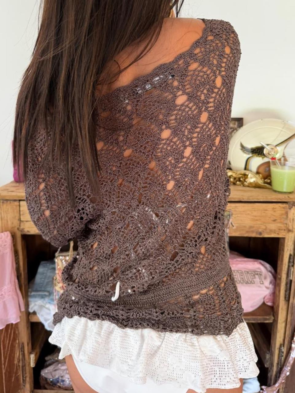 Vintage 00s brown crochet boho top