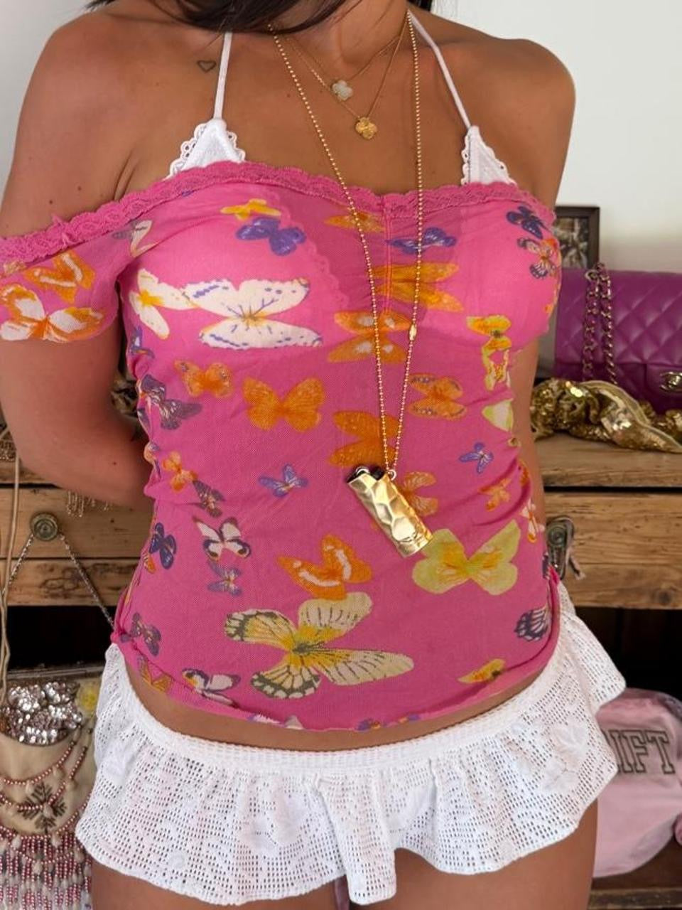 Vintage 00s butterfly lace off shoulder pink top