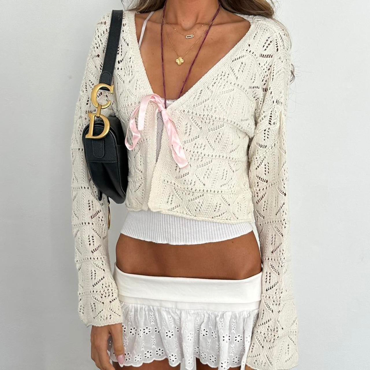 Vintage 2000s white crochet tie up cardigan top
