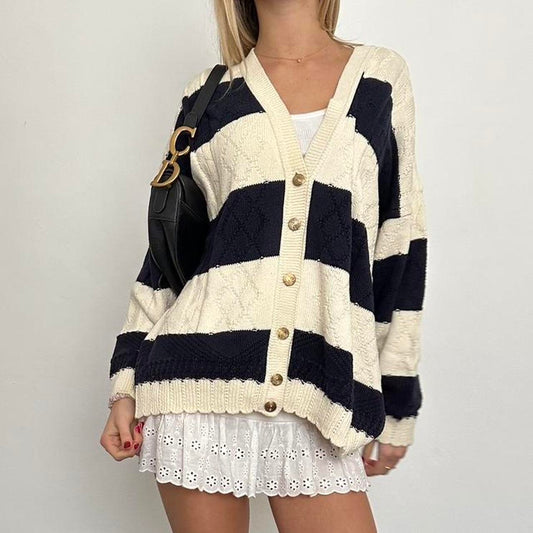 Vintage navy and cream cable knit cardigan