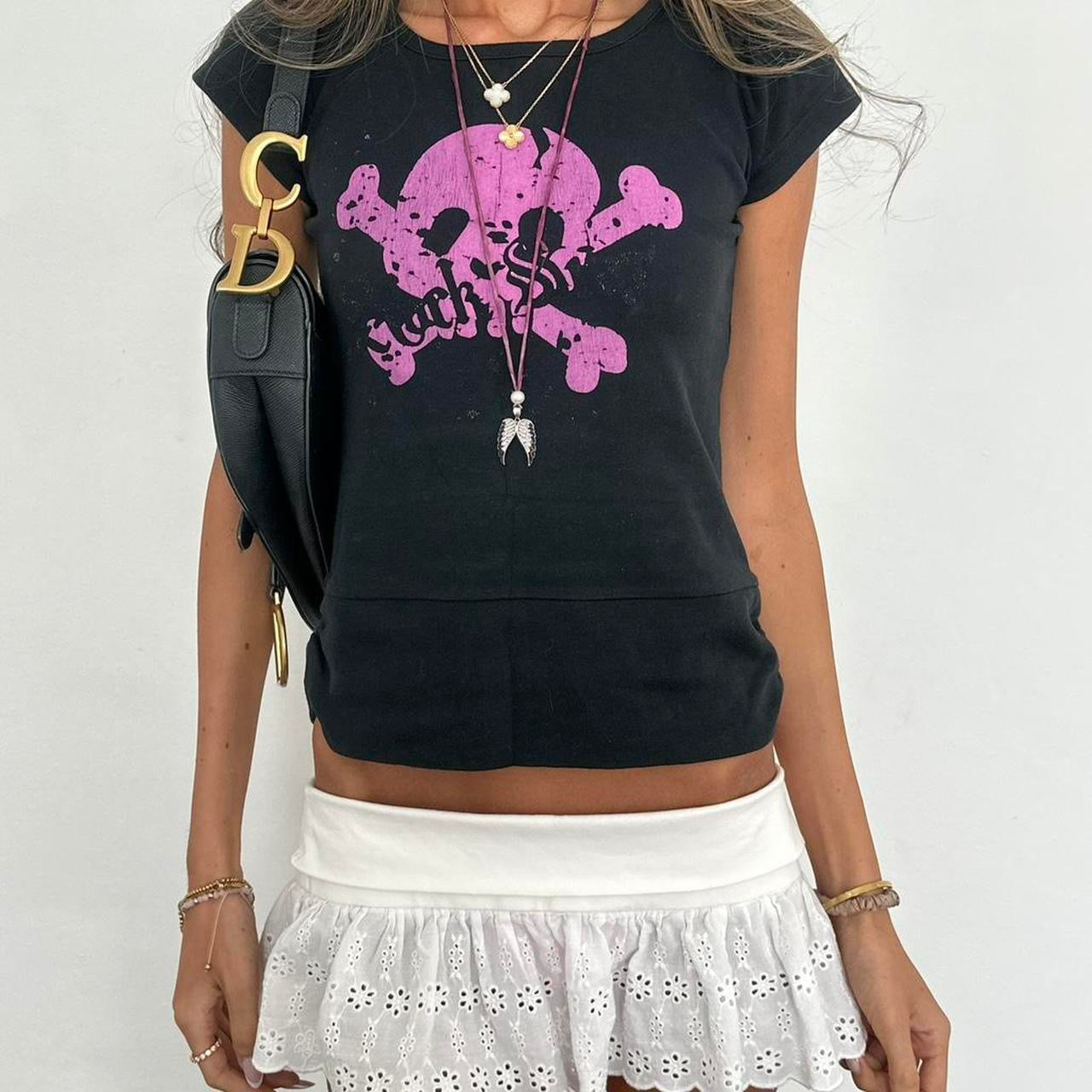 Vintage 00s black and purple skull and crossbones top