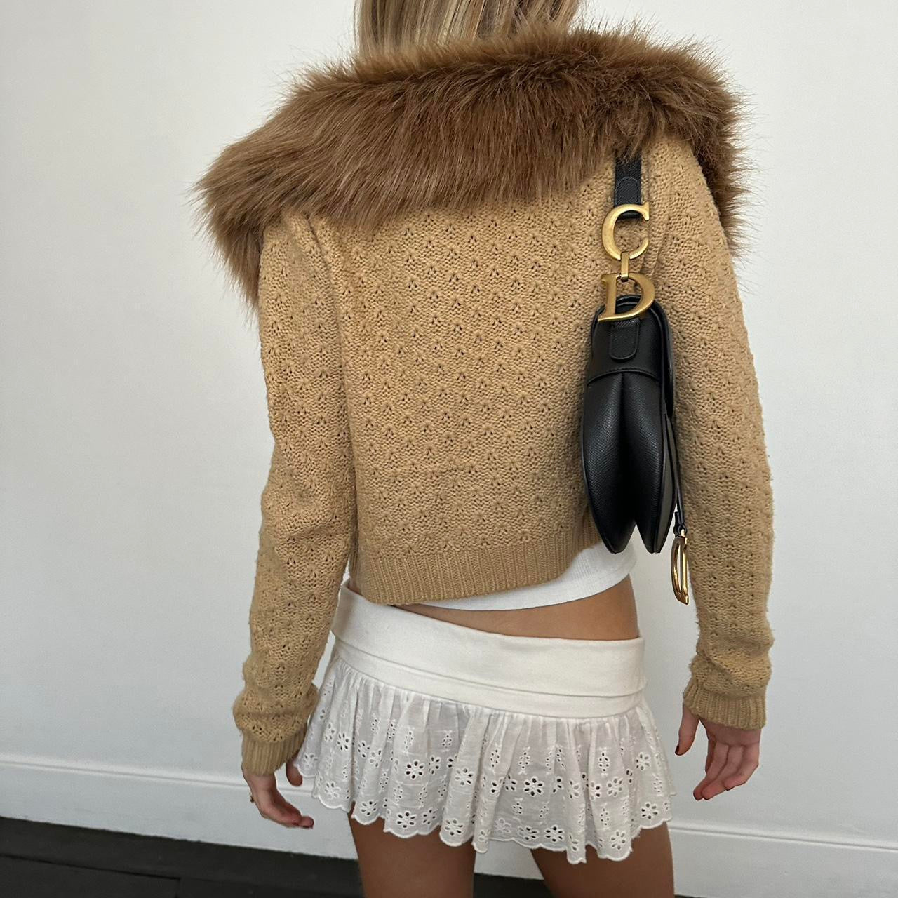 Vintage 90’s faux fur tan cropped cardigan