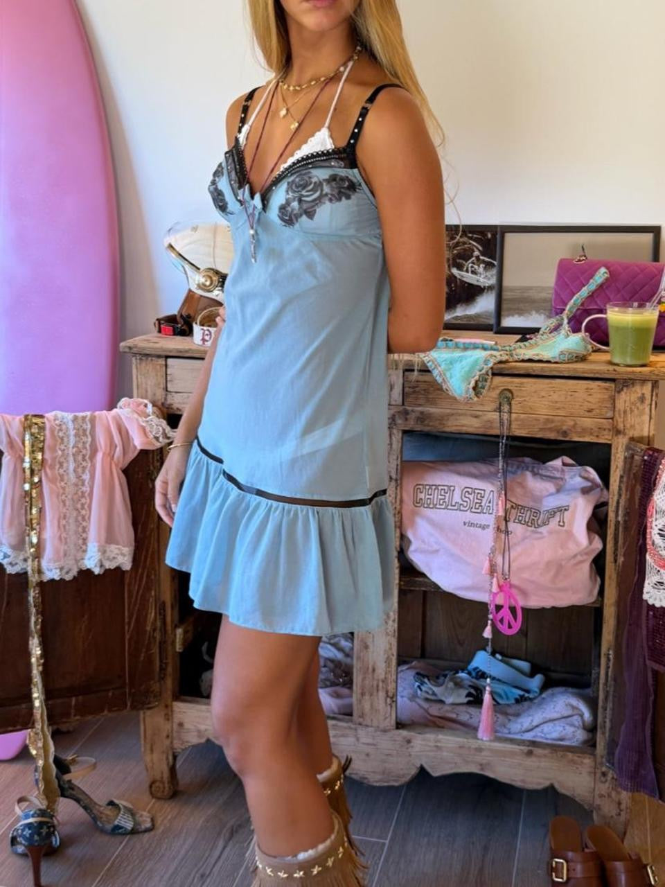 Vintage 00’s blue rose mini dress
