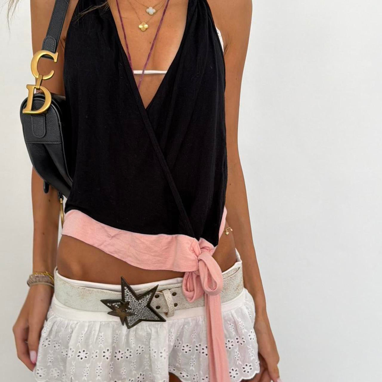Vintage 00s black and pink tie up halter neck top