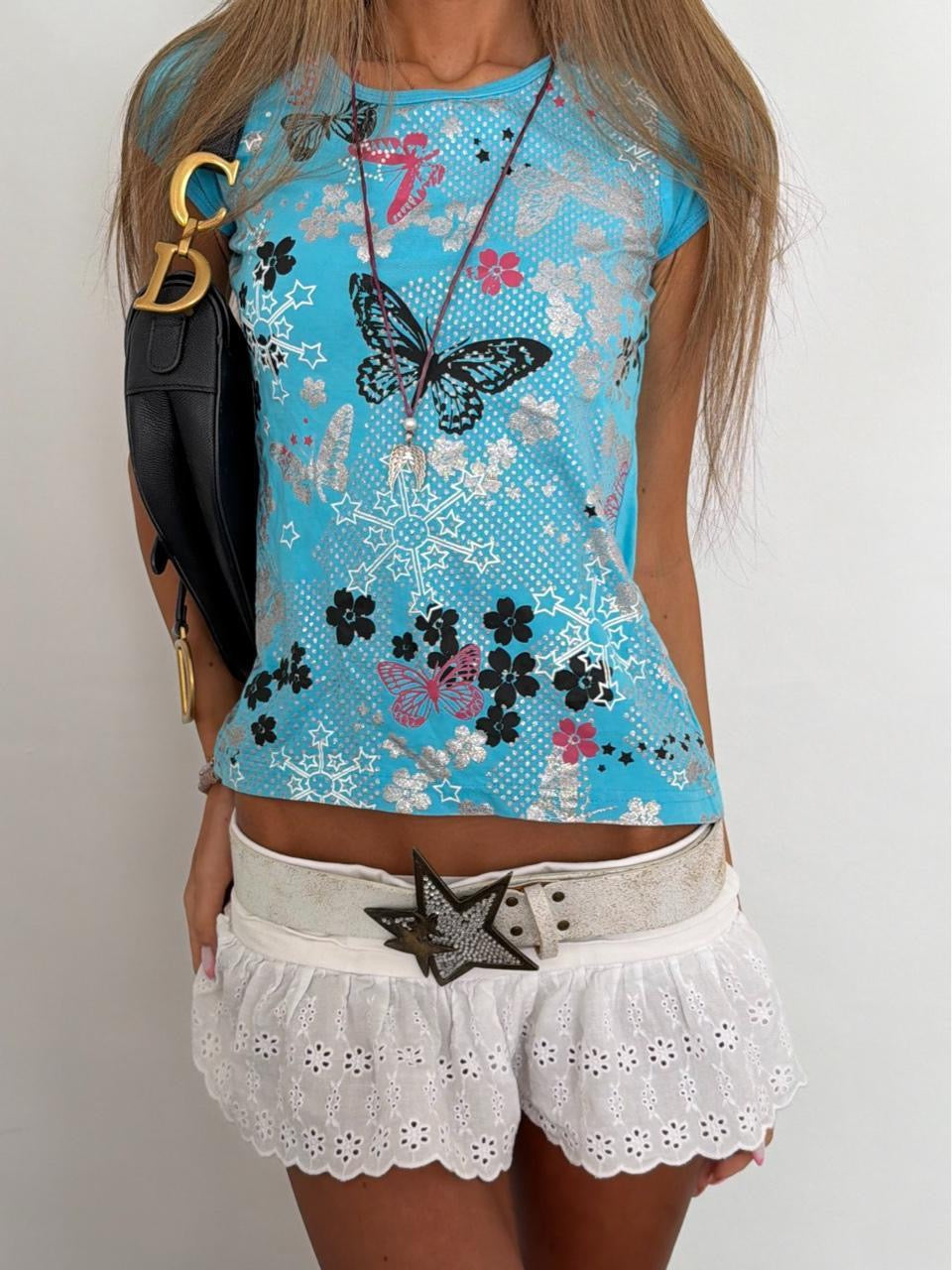 Vintage 00s butterfly blue baby tee