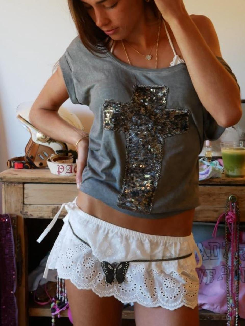 Vintage 00’s sparkly grey cross off shoulder top