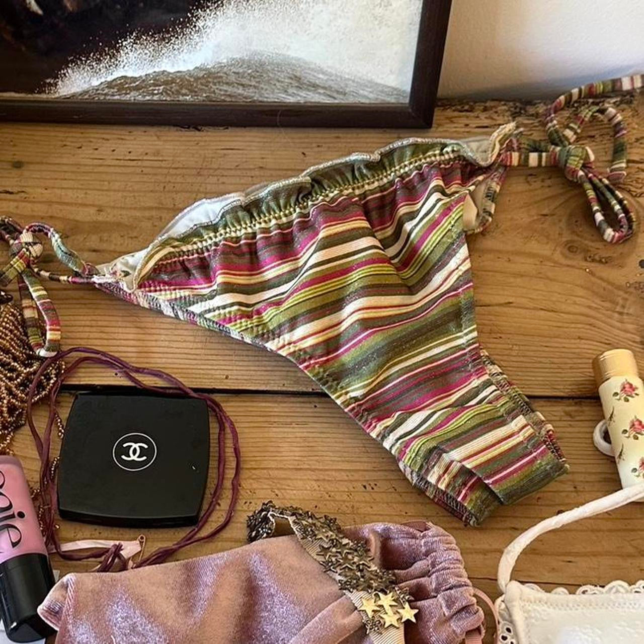Vintage 00s green striped bikini bottoms
