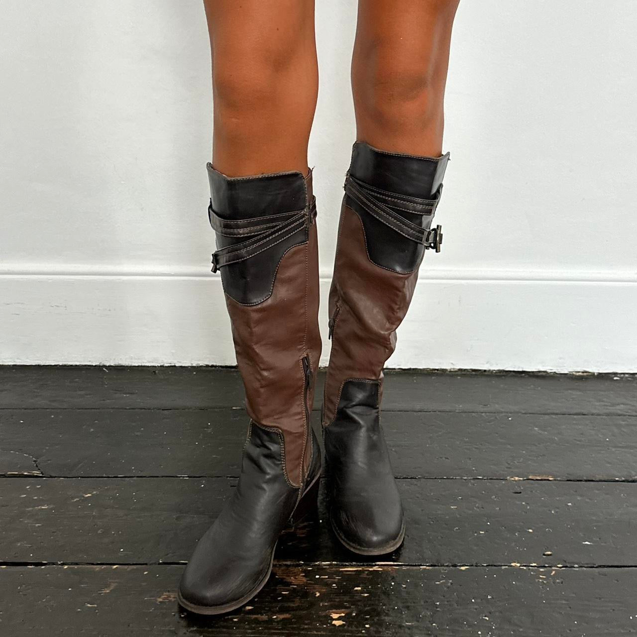 Vintage tall leather tan + brown buckle heel boots