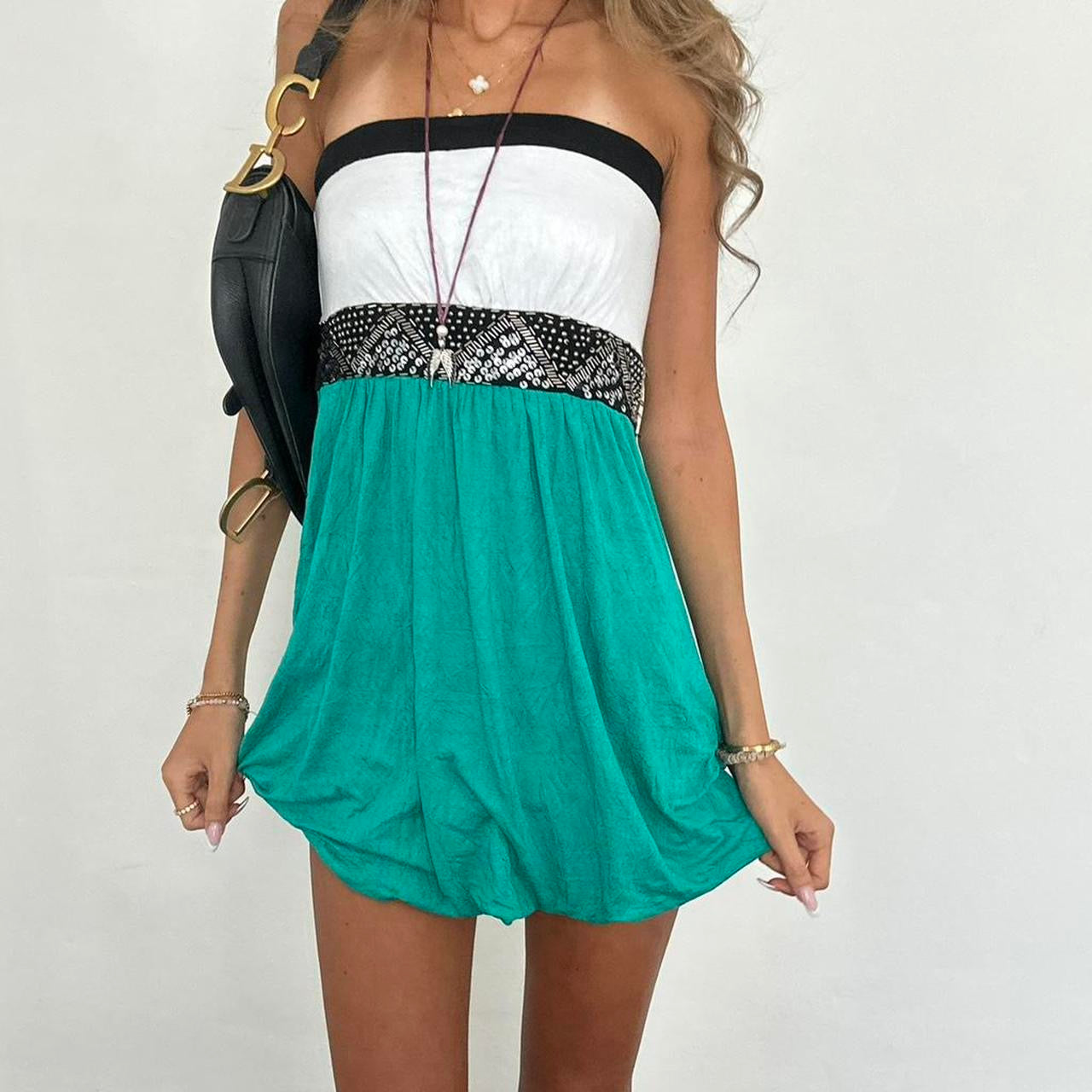 Vintage 00s strapless turquoise boho mini dress