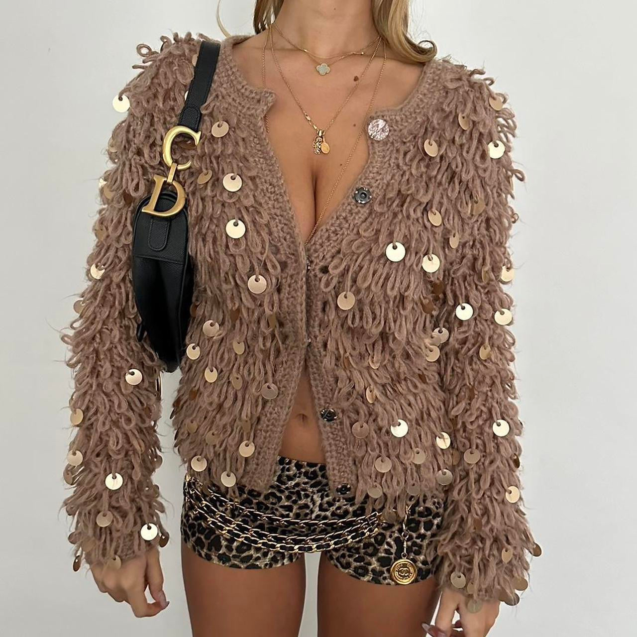 Vintage brown sequin knit cardigan