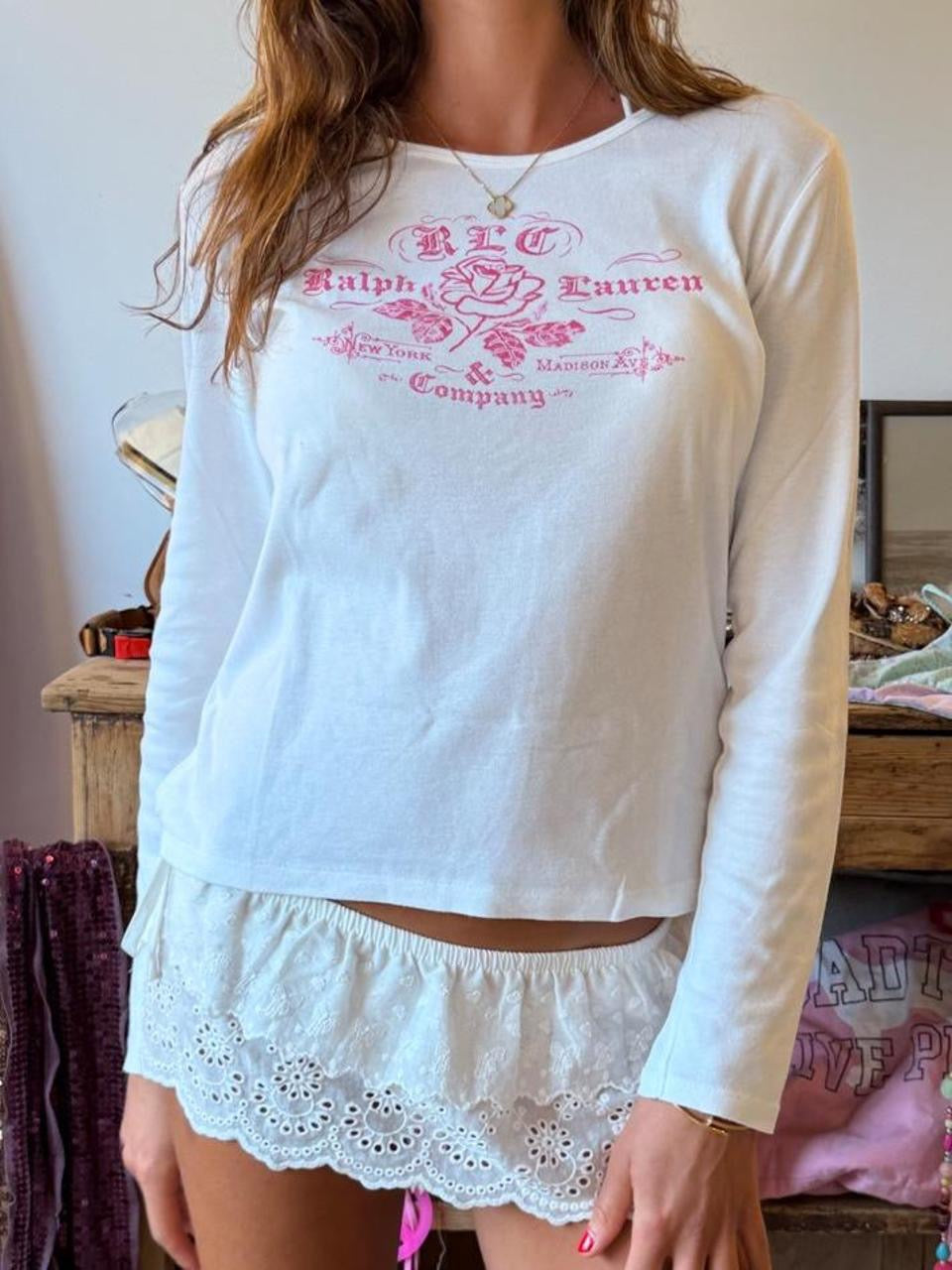 Vintage 00’s Polo Ralph Lauren pink and white graphic long sleeve top