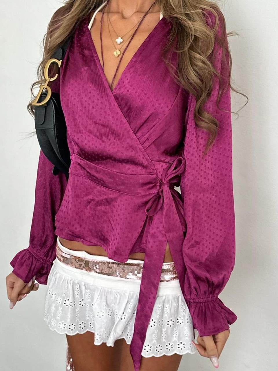 Vintage 00’s pretty long sleeve dark pink wrap up top