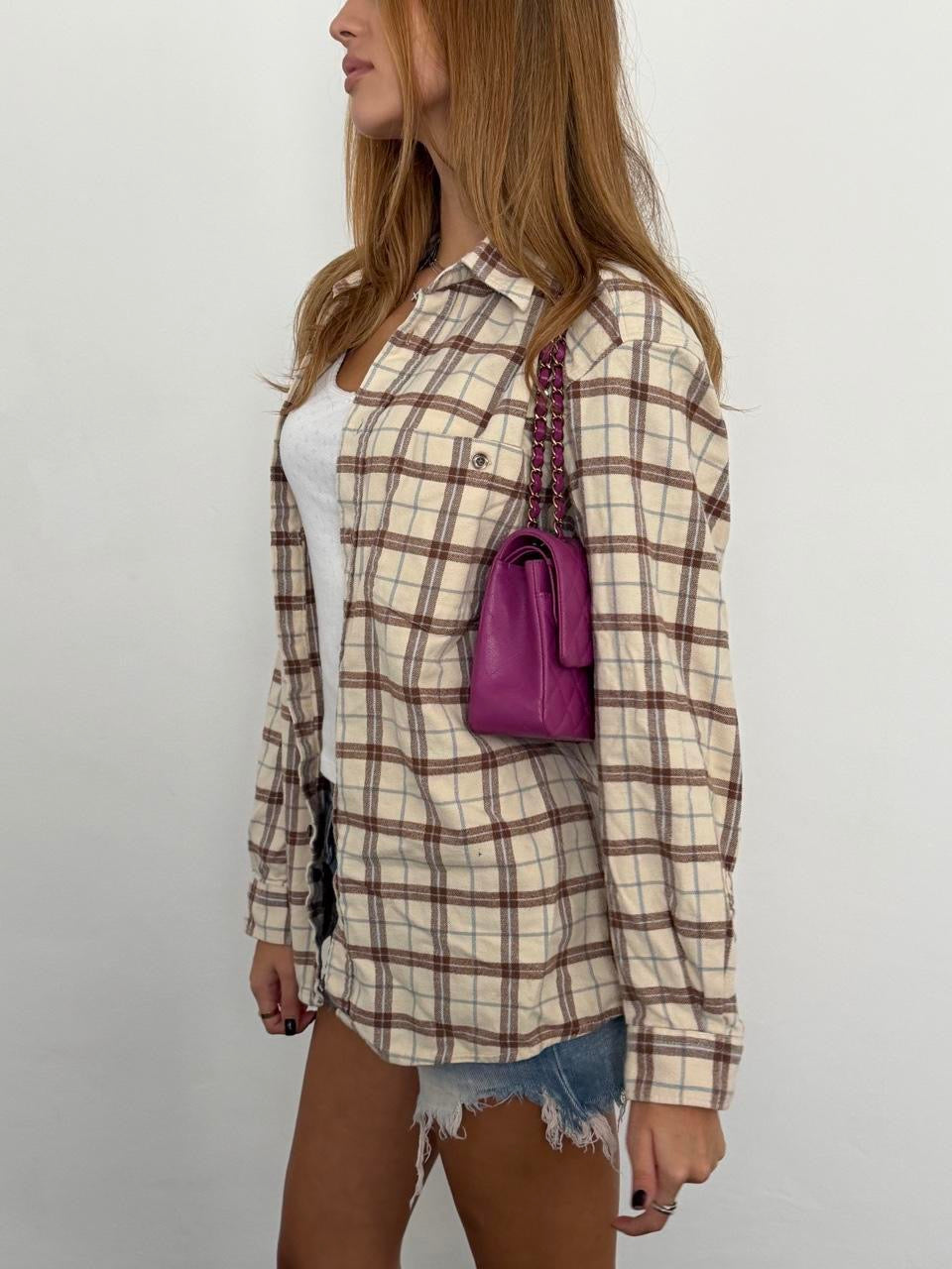 Vintage 00’s tan and baby blue plaid shirt