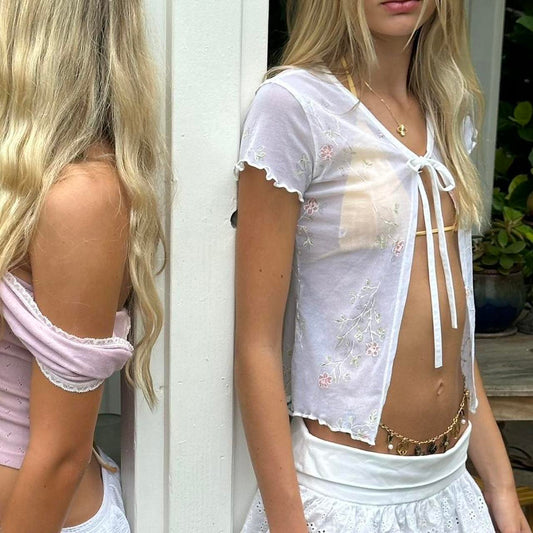 Vintage 90’s white sheer floral tie up top