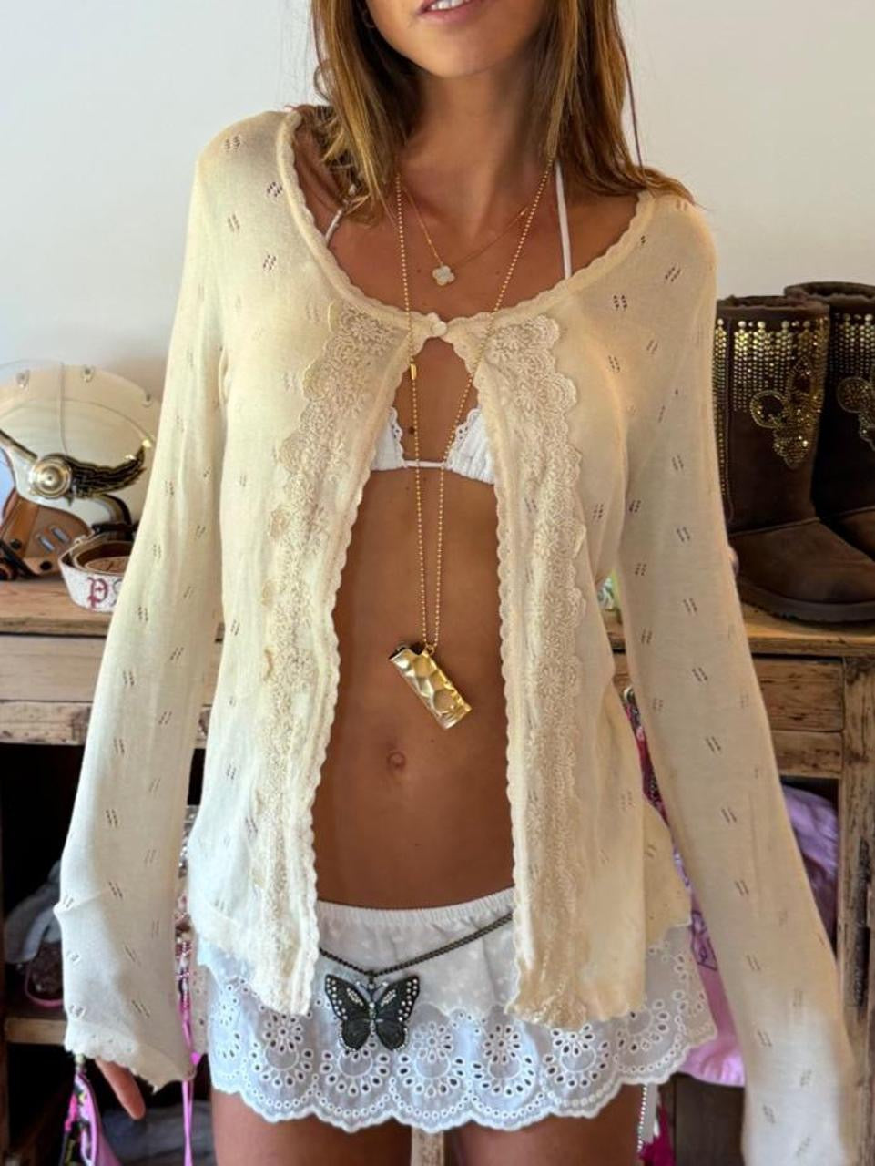 Vintage 00’s tan long sleeve tie up top