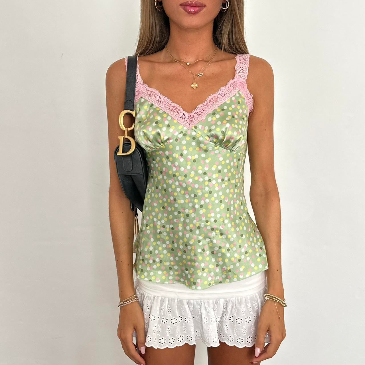 Vintage 90’s pastel green polka dot lace top