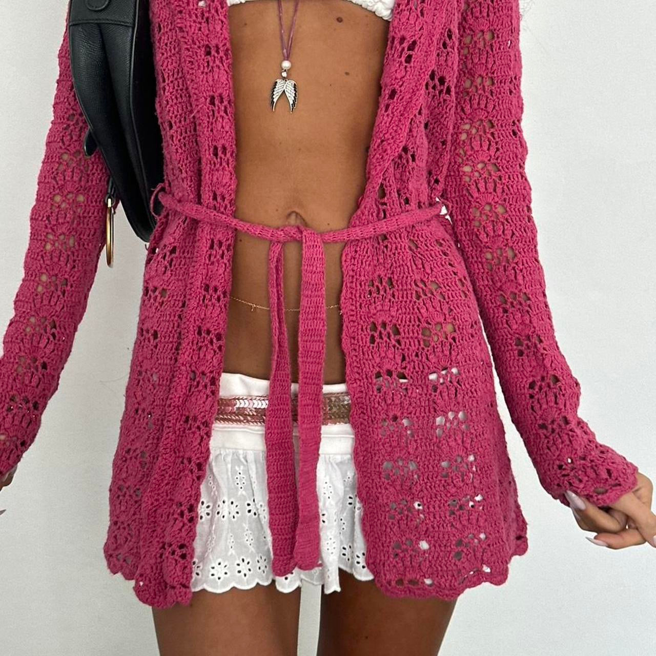 Vintage dark pink crochet tie up layering top