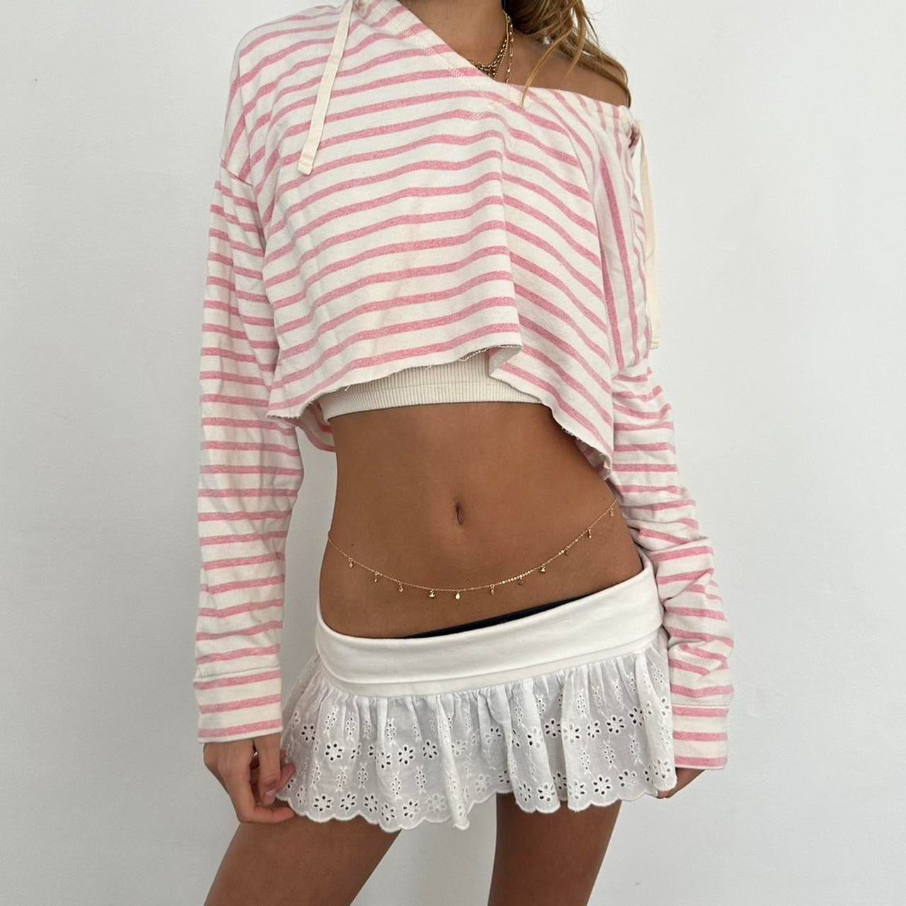 Vintage pink and white long sleeve cropped relaxed fit thin hoodie