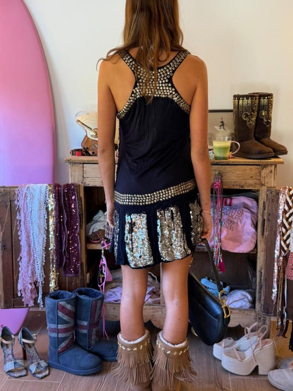 Vintage 00’s bohemian studded black and silver cool dress