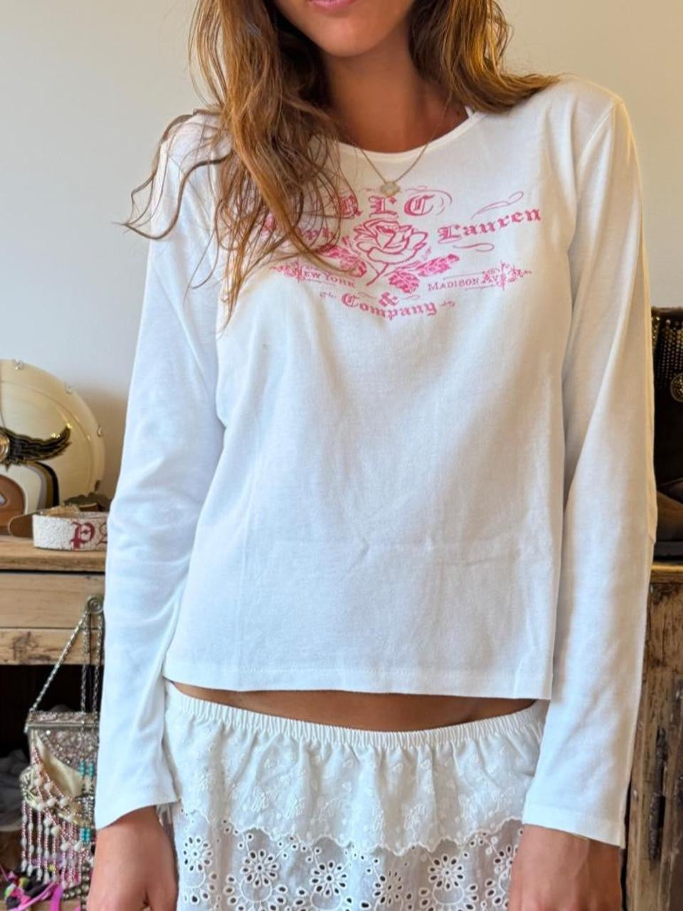 Vintage 00’s Polo Ralph Lauren pink and white graphic long sleeve top