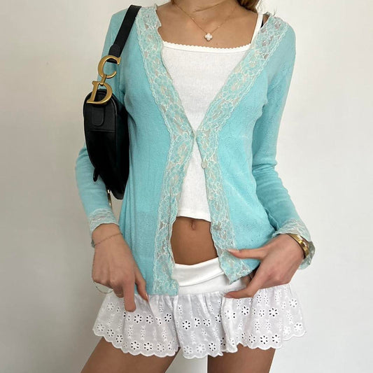 Vintage 90’s aqua blue lace trim cardigan top