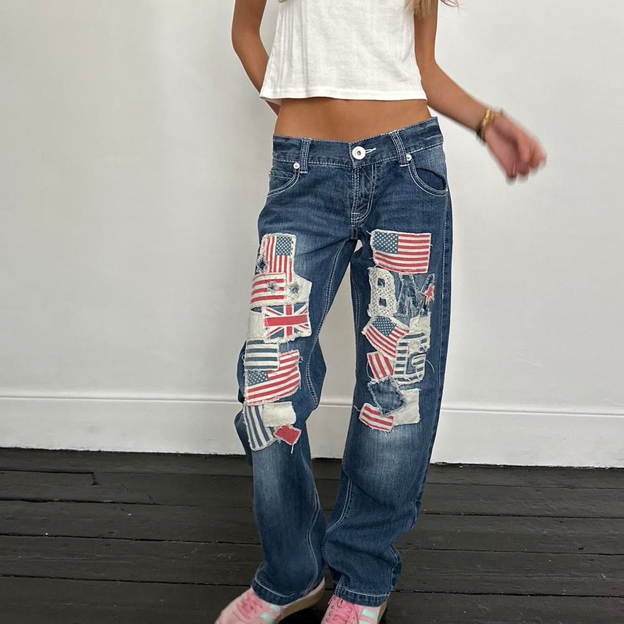 Vintage 2000’s flag blue distressed jeans USA 🇺🇸🇬🇧🩵