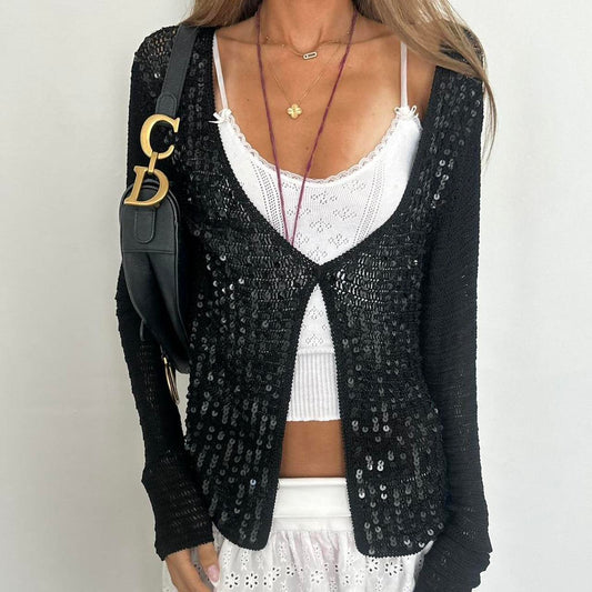 Vintage 2000s black crochet sequin cardigan top