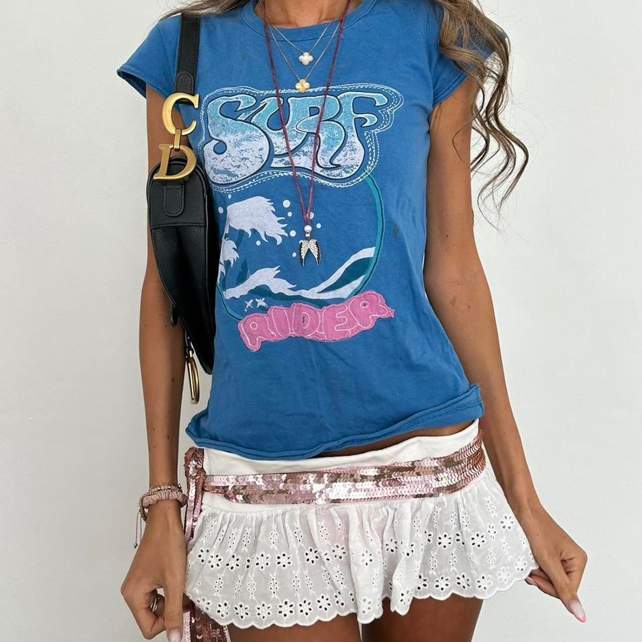 Vintage slogan Surf Rider blue & pink baby tee