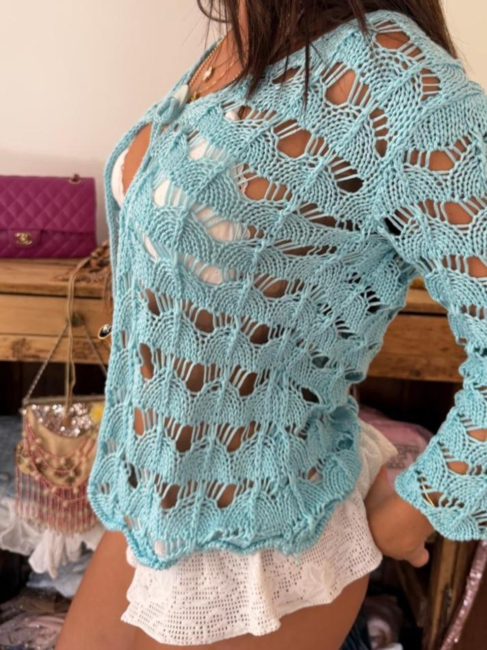 Vintage 00s blue crochet long sleeve cardigan top