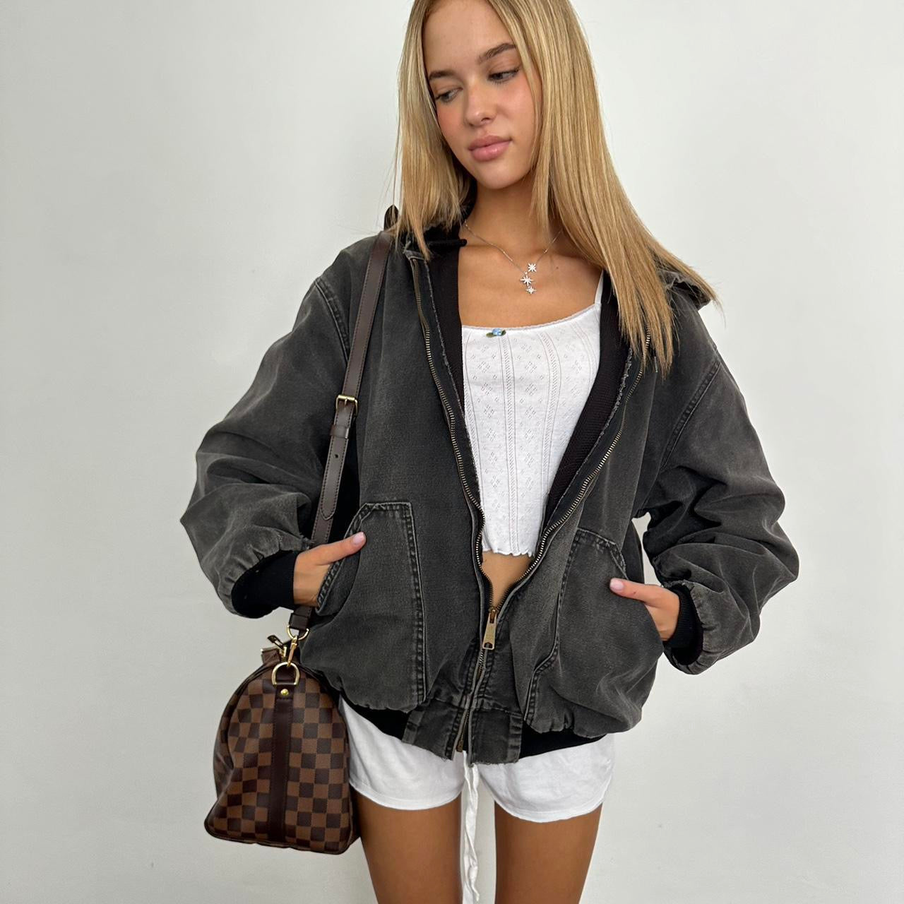 Vintage 90’s grey distressed faded hooded bomber jacket