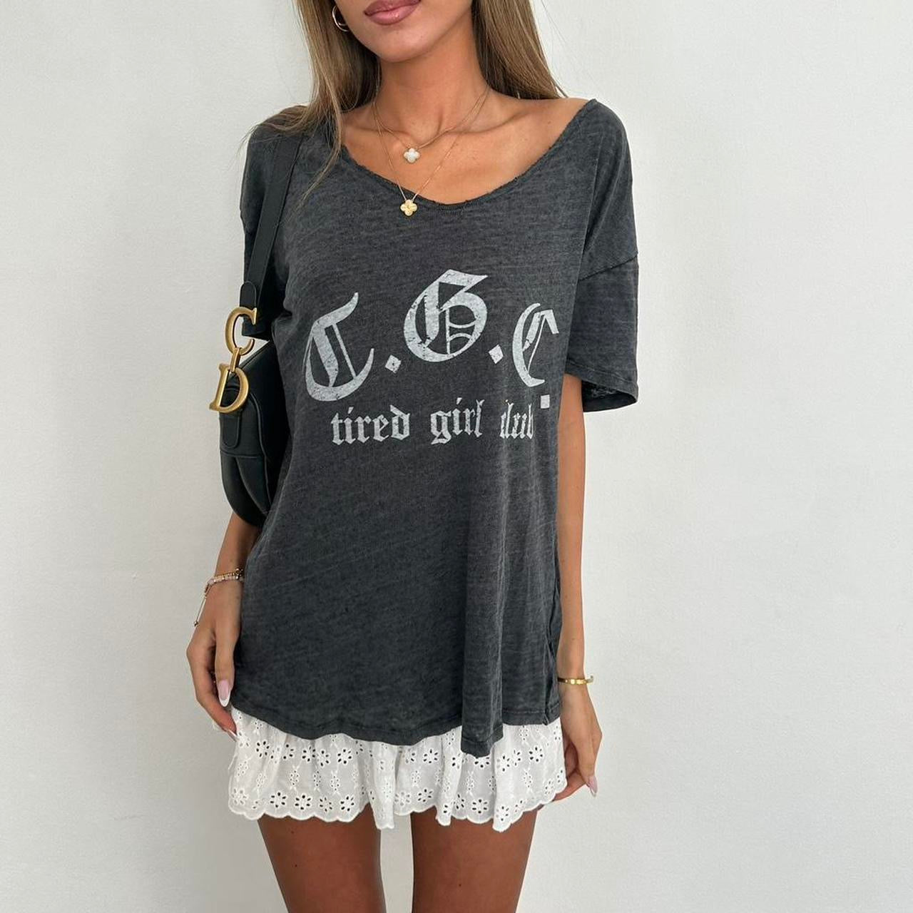 Vintage grey gothic script top ‘Tired Girl Club’