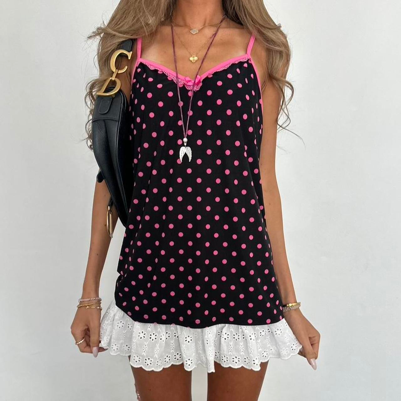 Vintage 00s black and pink polka dot cami top