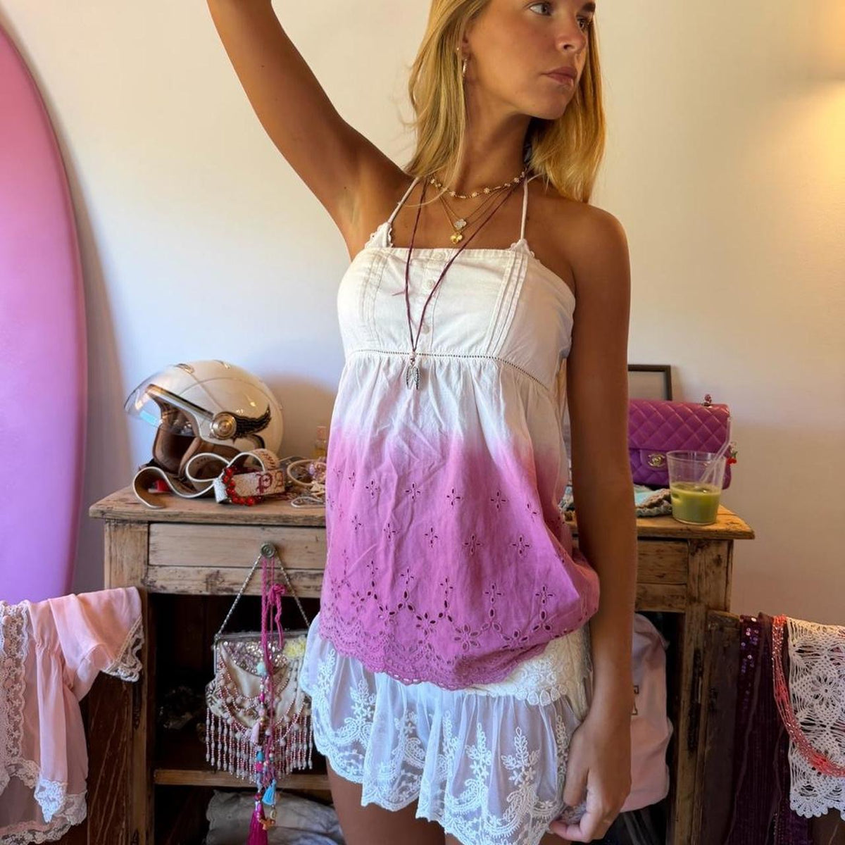 Vintage 00s pink ombre broderie strapless top