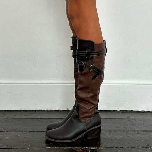 Vintage tall leather tan + brown buckle heel boots