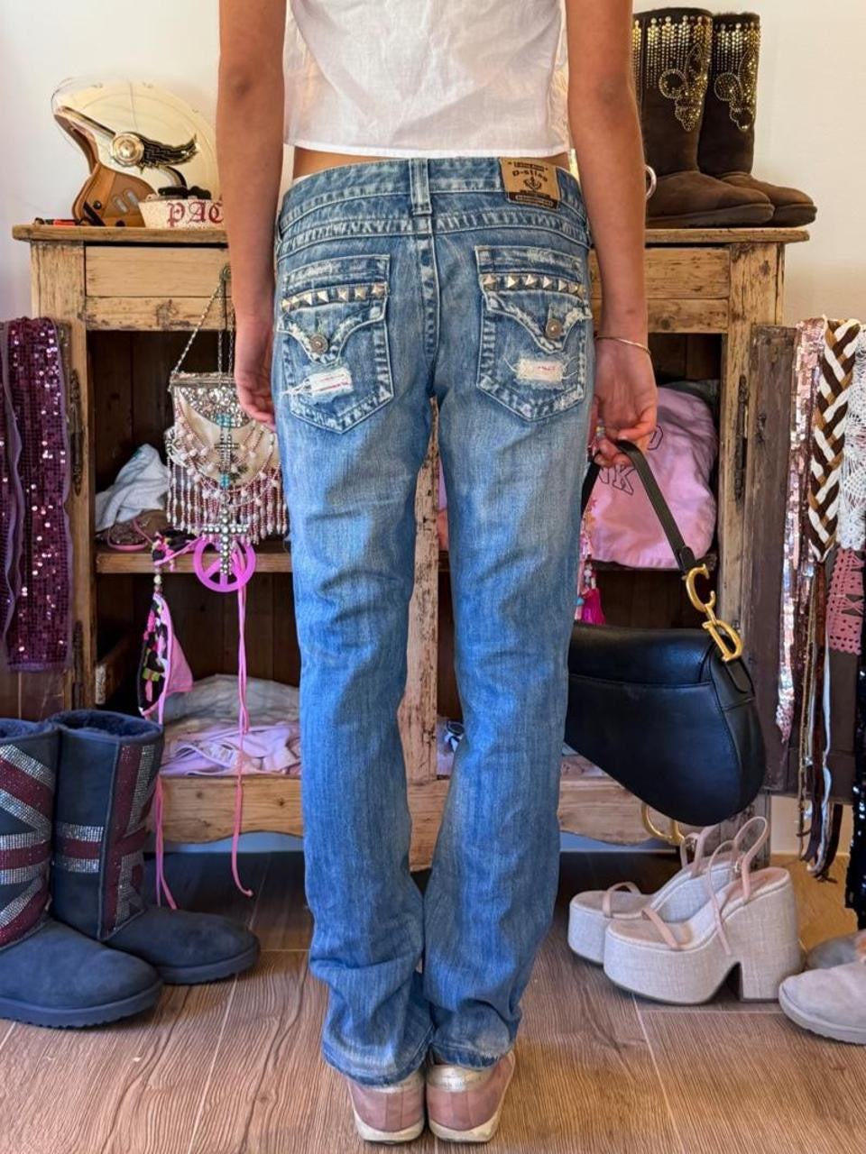 Vintage 00s studded distressed bootcut jeans