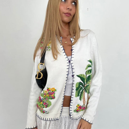Vintage 90’s palm tree tropical white cardigan