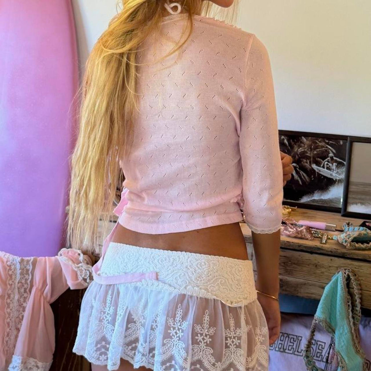 Vintage 00s beautiful pink pointelle wrap long sleeve top