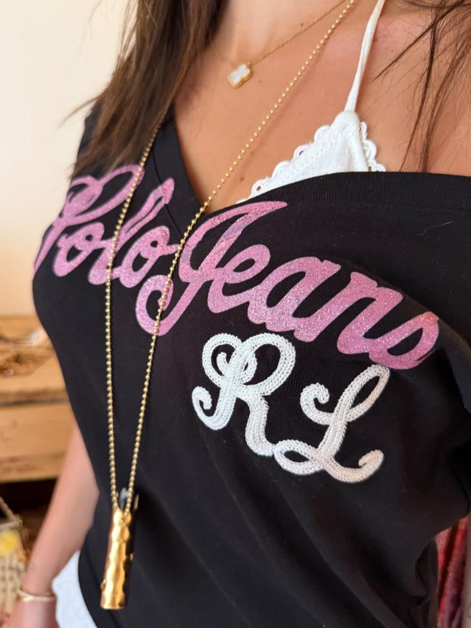 Vintage 00’s Polo Ralph Lauren off shoulder black and pink graphic top