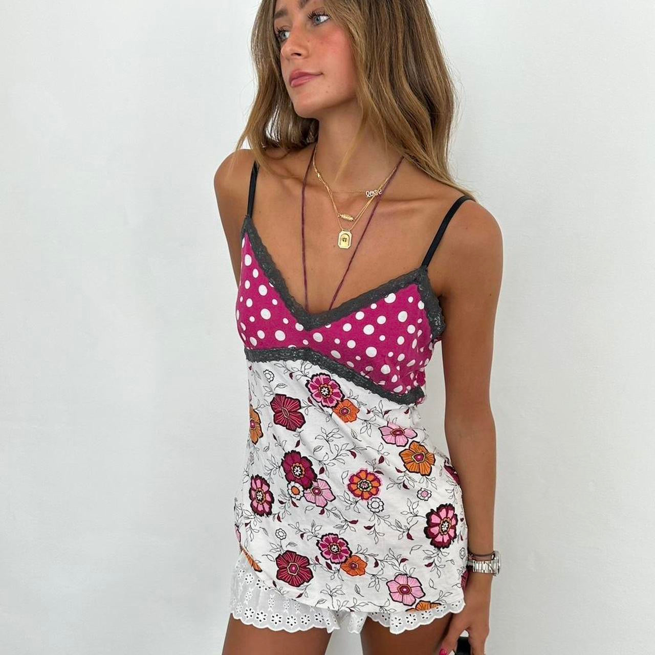 Vintage 2000’s floral and polka dot contrast cami  top