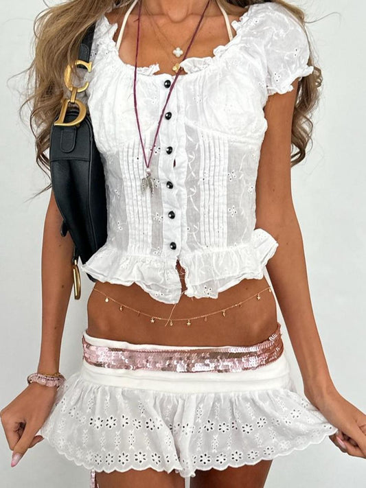 Vintage 00’s white boho broderie summer cropped top