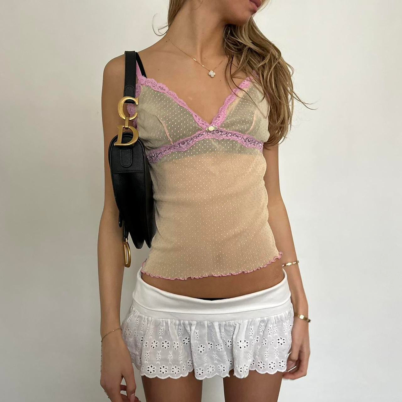 Vintage 2000’s pink and yellow mesh cami top