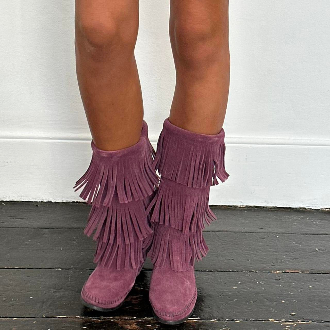 Vintage plum suede fringe leather boots