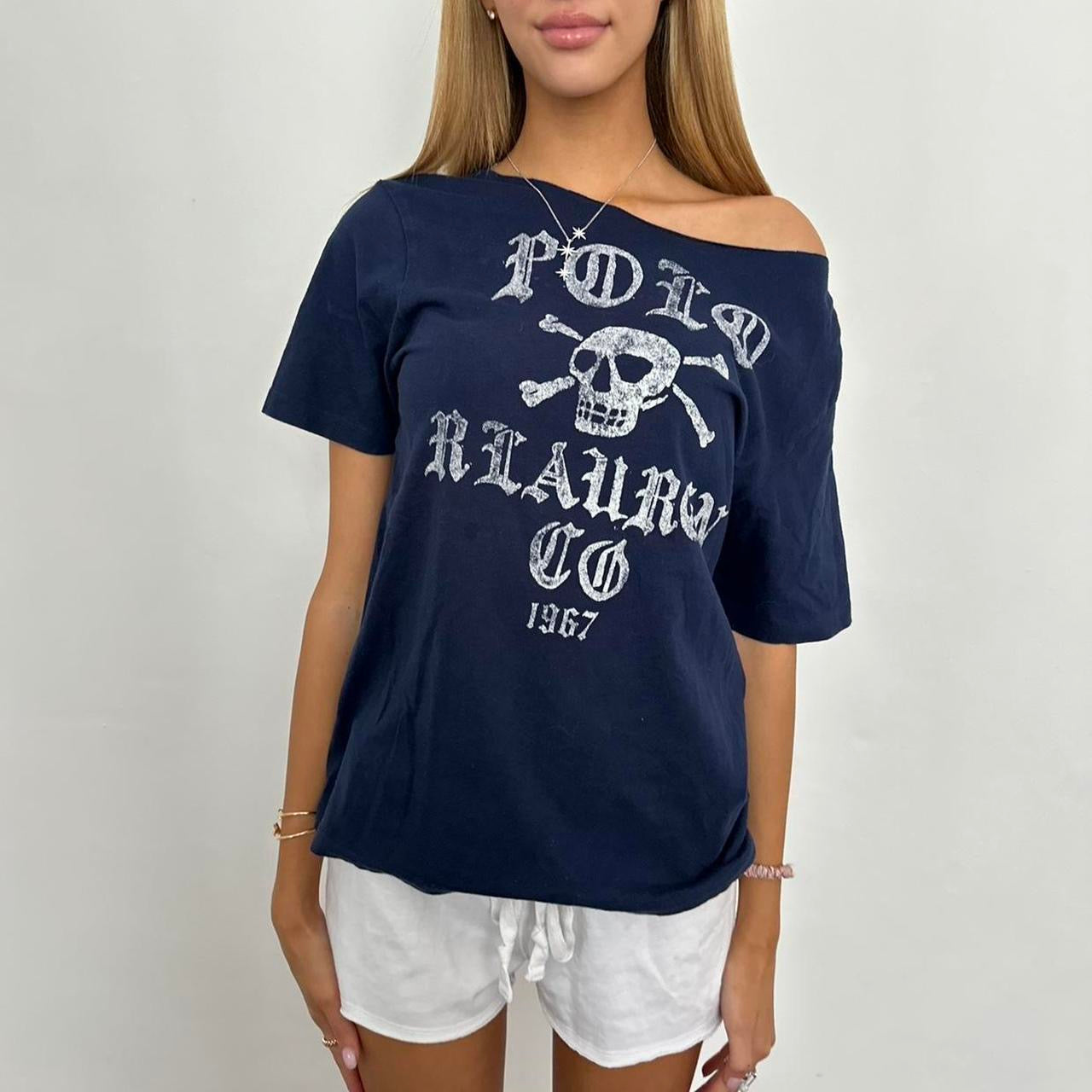 Vintage Ralph Lauren navy skull off shoulder tee