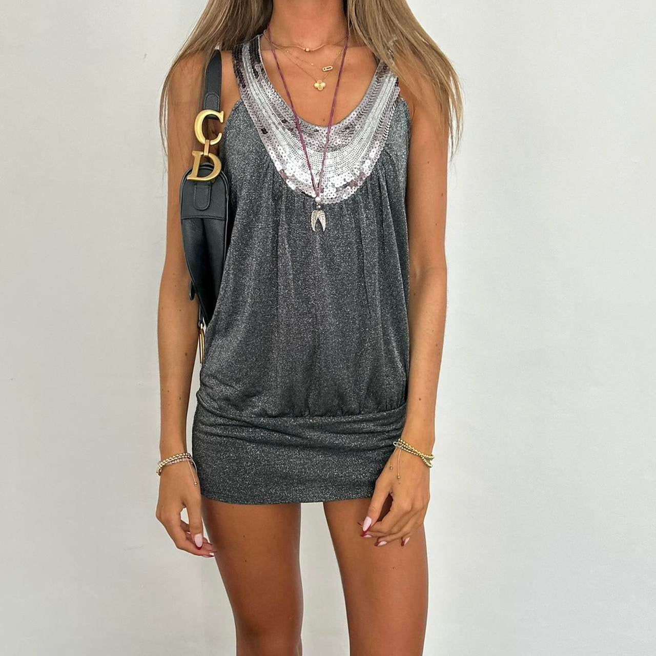 Vintage 2000’s silver sequin grey tank mini dress