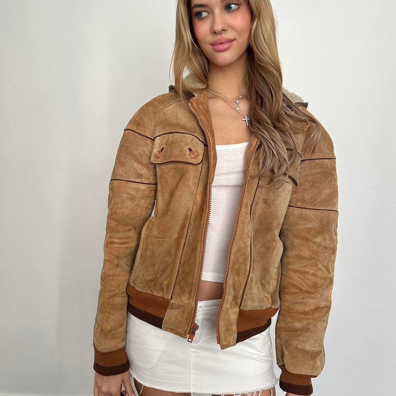 Vintage 90’s brown/tan bomber graphic leather jacket