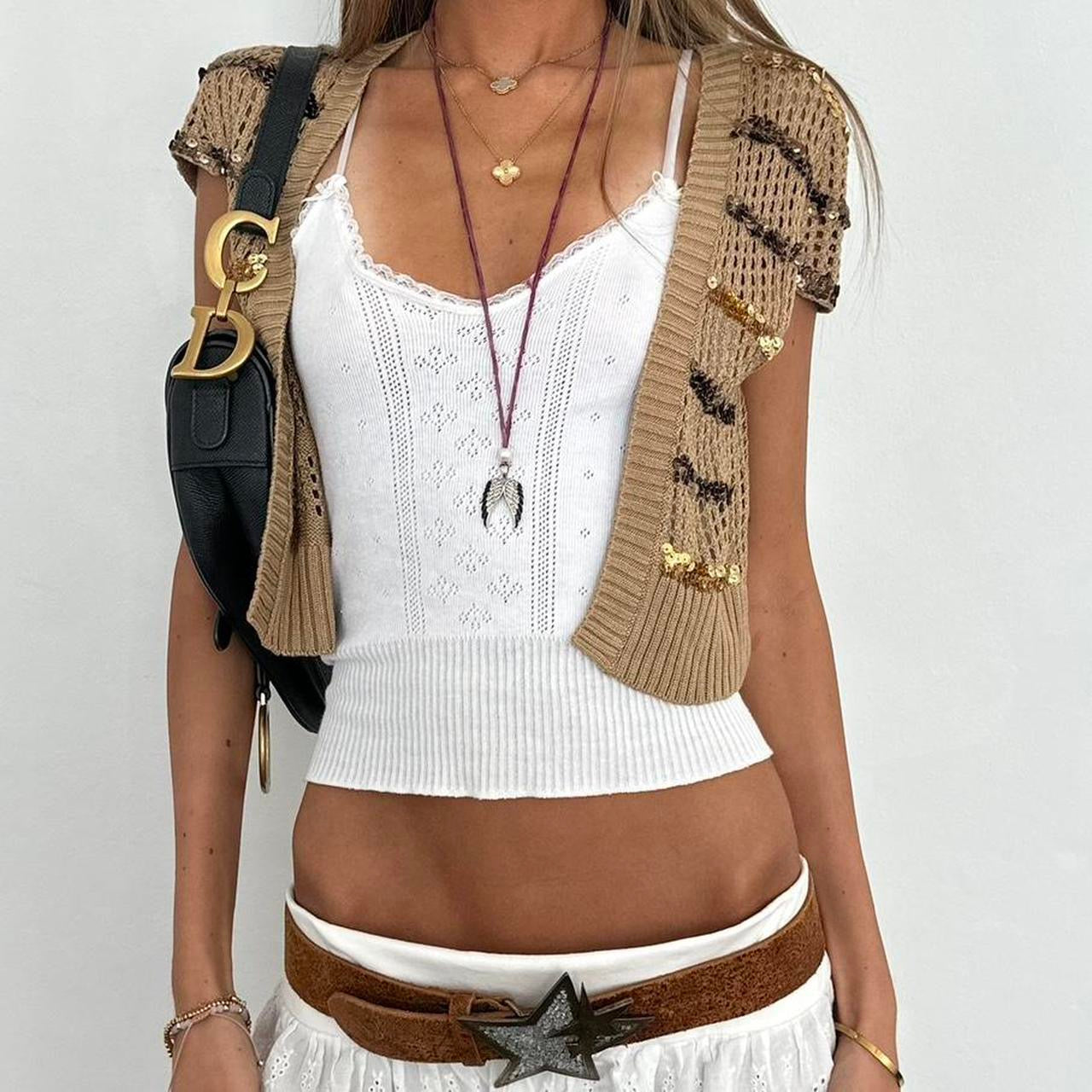 Vintage 00s tan sequin crochet layering top