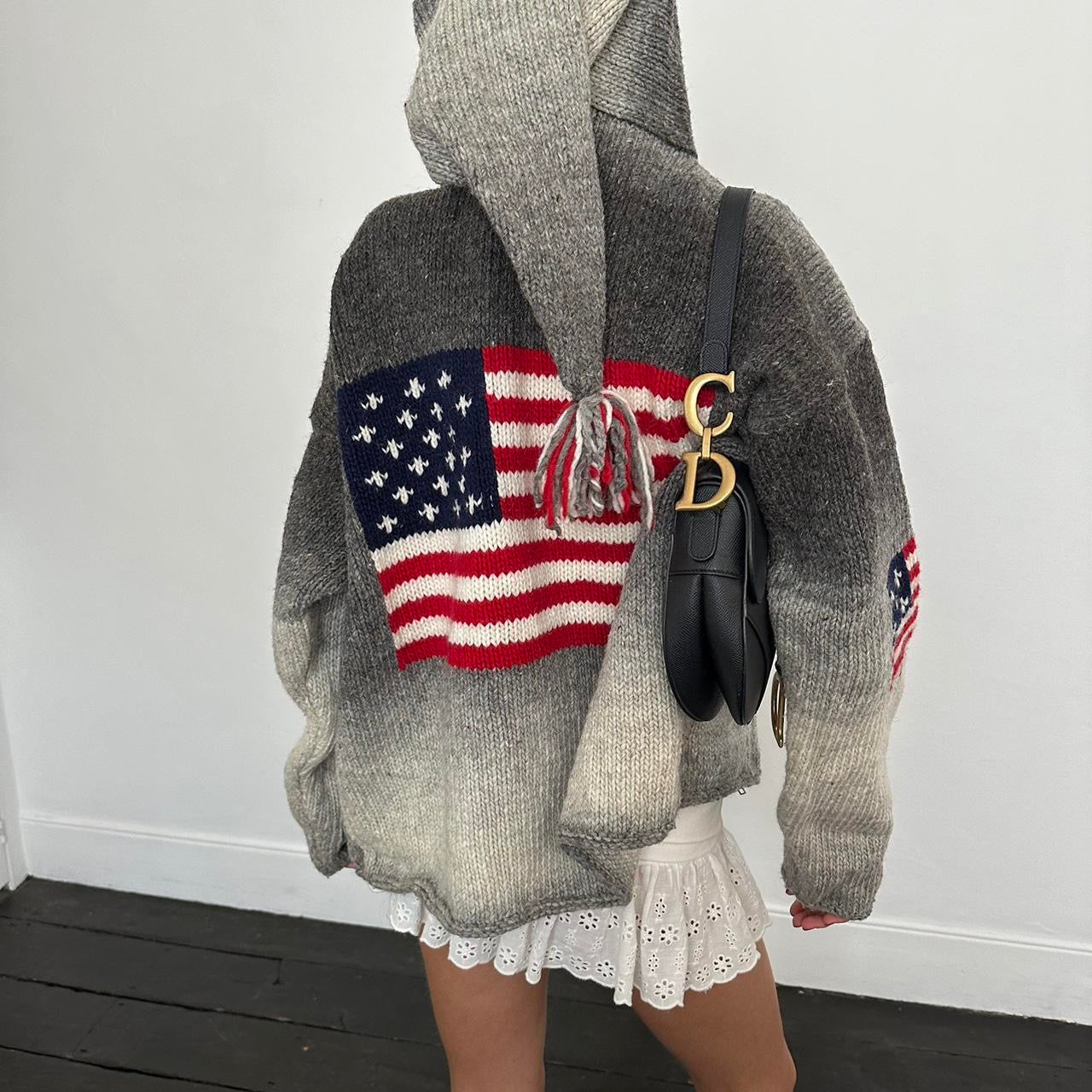 Vintage 2000’s grey American flag knitted hooded zip up